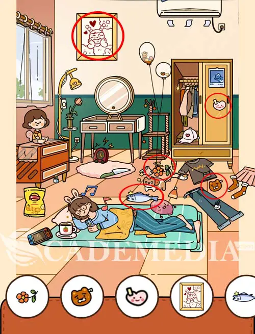 Kunci Jawaban Find Out Kamar Otaku (Otaku Girl’s Room): bunga, sticker bergambar kepala beruang, sticker hati, lukisan dan ikan