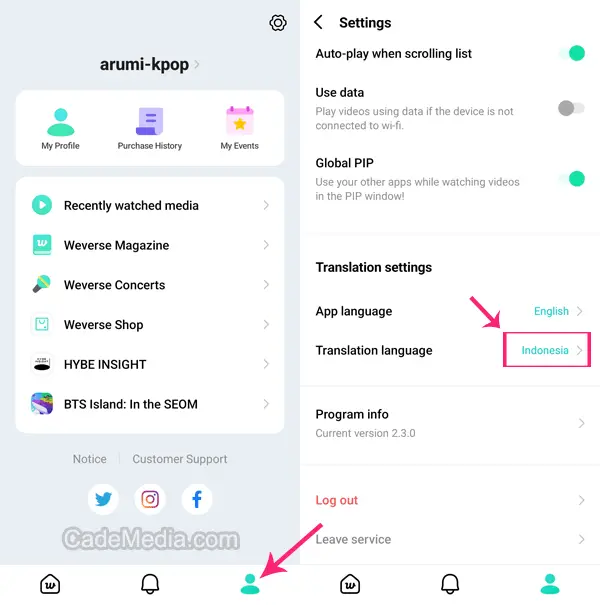 Fitur Translation Language untuk merubah Weverse ke bahasa Indonesia